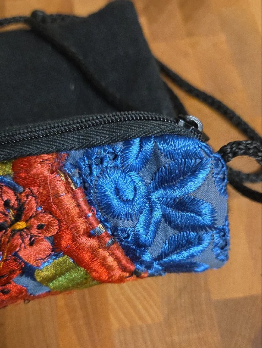 Embroidered Red Floral Crossbody Bag on Blue Satin